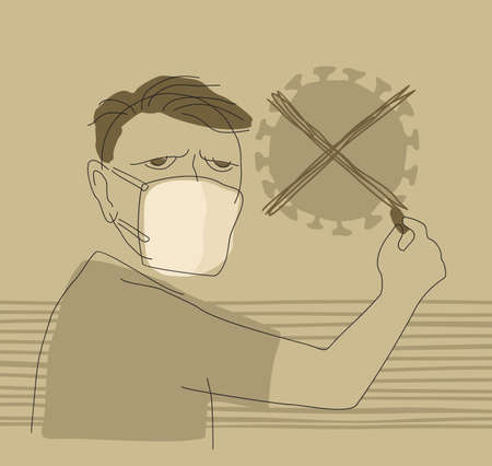 Tired of COVID-19 quarantine - jaded and sad person strikethrough virus silhouette. Sketch doodle vector illustrationのイラスト素材