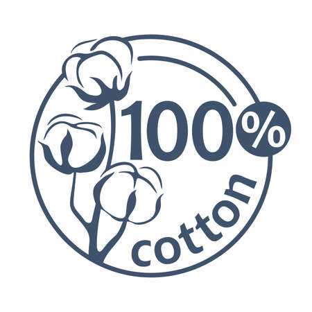100 cotton flat stamp. Hundred percents natural material of textile - badge for natural breathable textile marking - vector isolated labelのイラスト素材