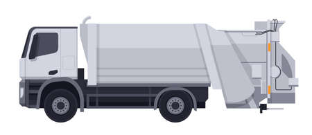 Garbage truck with white body in side view. Ecology, dump recycling business. Flat Vector illustrationのイラスト素材