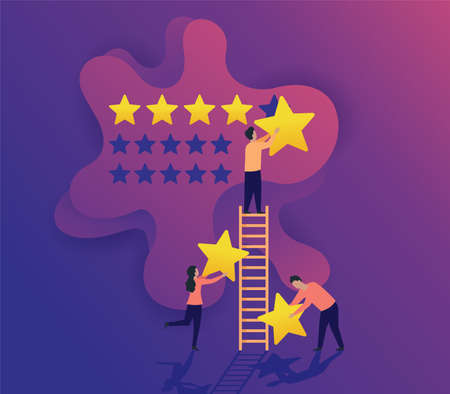 5 stars feedback - People holding stars and collecting them into positive review - best satisfaction level and critic concept. Five stars rating flat style vector concept. Vector illustrationのイラスト素材