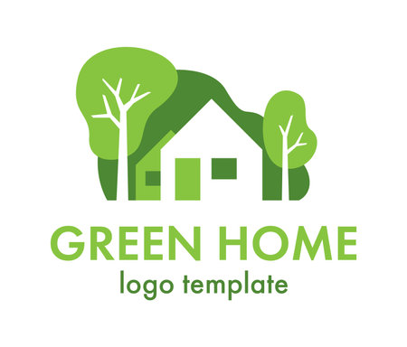Green Home logo template - house designed to be environmentally sustainable buliding, utilize sustainably sourced and eco-friendly - isolated vector emblem. Vector emblemのイラスト素材