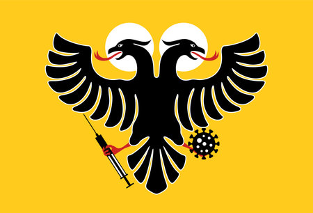 Great and Holy Empire - future european state formation. Global Pandemic in comic heraldic decoration. Vector illustrationのイラスト素材