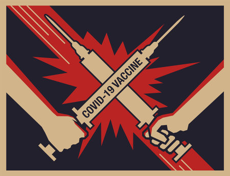 COVID-19 International Vaccines Confrontation, from different manufacturers - crossed syringes as in sword fight in vintage poster styleのイラスト素材