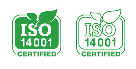 ISO 14001 certified badge - environmental management system. International standard approved stamp. green isolated vector icon in thin line and square formのイラスト素材