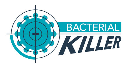 Bacterial Killer badge - antibacterial formula sticker, virus protection, hand sanitizer label. Vector illustrationのイラスト素材