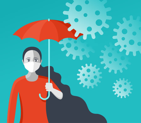 Stay Safe and vaccinate in  pandemic - young female with face mask and umbrella. Vector illustrationのイラスト素材