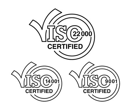 ISO 9001, 14001, 22000 certified flat thin line badges set with big check marks - quality management system international standard emblems set - isolated vector signsのイラスト素材