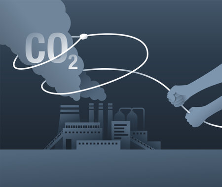 Carbon Capture Technology - net CO2 footprint development strategy. Vector illustration with metaphor - lasso catching of harmful smokeのイラスト素材