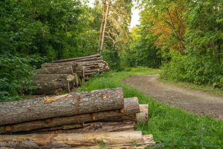 Wood logs piled up along a forest road - summer wooden landscapeの写真素材