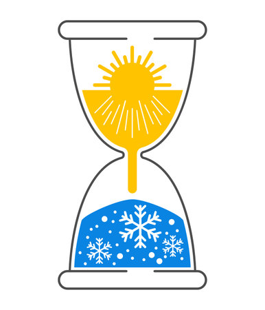 Seasonal climate change - sand clock with sun and snowflake - symbol of sun and snowflake - vector emblem or logo templateのイラスト素材