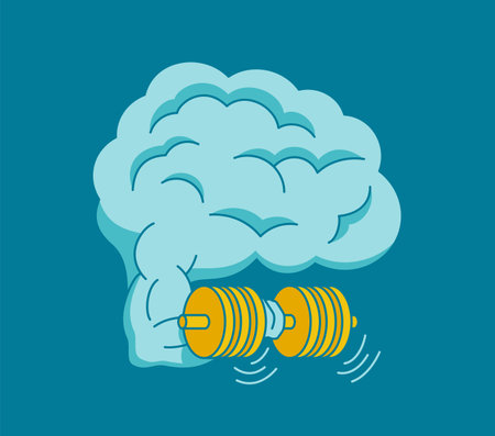 Brain muscles and age-proof of mind. Mental health with metaphor - brain lifting the dumpbellのイラスト素材