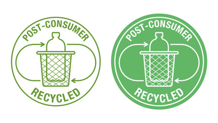 Post-consumer recycled material sticker - empty plastic packaging collected by local recycling programs - flat vector badge for labelingのイラスト素材