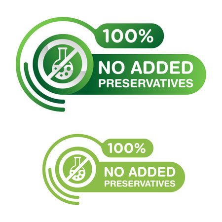 100 percent No added preservatives, addititves free 3D green button. Crossed lab test tubes with harmful liquidsのイラスト素材