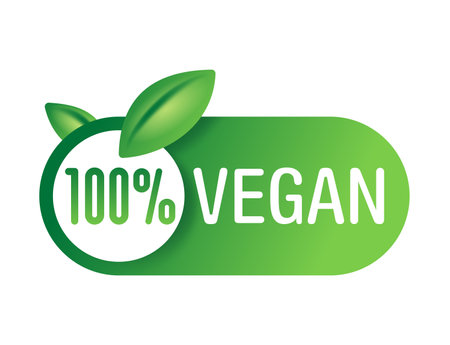 100 percents Vegan Friendly creative badge - food products labeling stamp with non-meat composition - isolated vector emblem in two colorsのイラスト素材