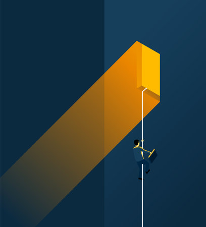 Business growth and professional strategy concept - businessman climbing a rope to the window - isometric conceptual illustration for banner or poster. Vector illustrationのイラスト素材