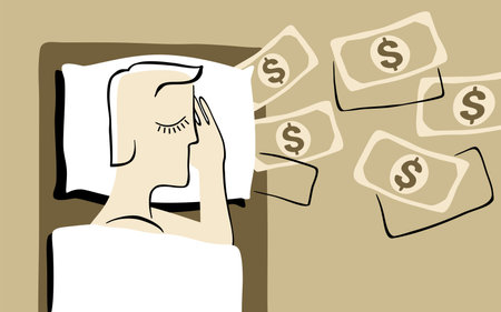Passive income - abstract businessman sleeping in bed with money under a pillow. Earning with no effort by make profit or dividend from investment and achieve financial freedom concept. Vector illustrationのイラスト素材