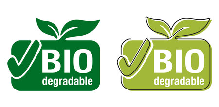 Eco badge - biodegradable polymers sign - eco friendly compostable material production, environment protection emblemのイラスト素材