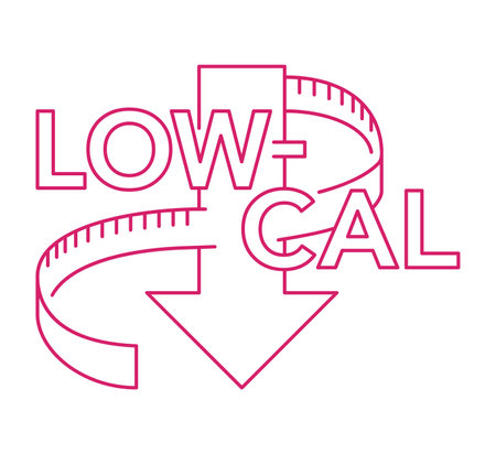 Low cal food flat thin line icon - stamp for packaging of low calories diet products - weight scales with arrow down and measuring tapeのイラスト素材