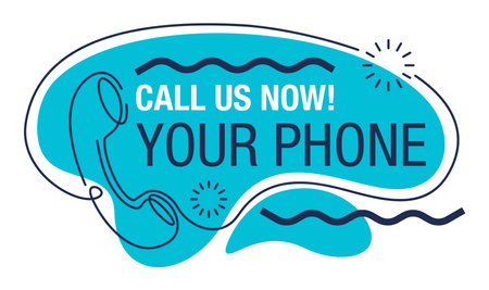 Call us Now. Blue rounded button - thin line template for phone number, in website header - conspicuous sticker with phone drawn in continious lineのイラスト素材