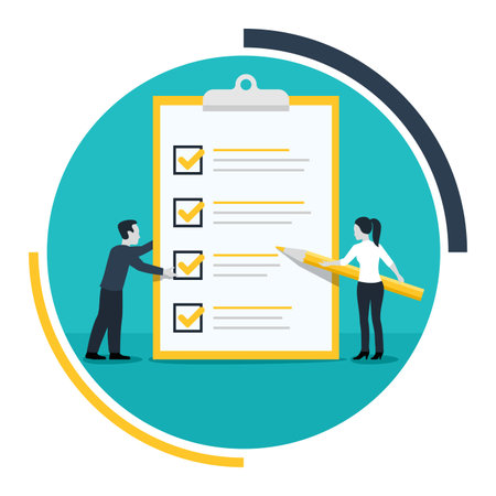 Checklist icon - two busimessmen holding big check list - test, questionnaire, planning and big pencil - isolated vector creative illustration. Vector illustrationのイラスト素材
