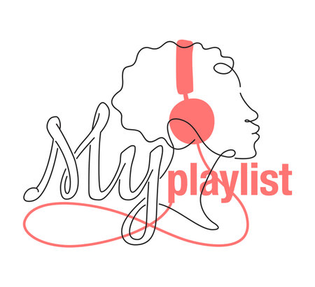 My Playlist - calligraphic text and woman in headphones listening music in single continious line. VEctor drawn illustrationのイラスト素材