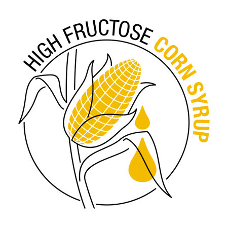 High Fructose Corn Syrup sweetener badge for labeling - ear of corn and drop of food additive - isolated vector emblemのイラスト素材
