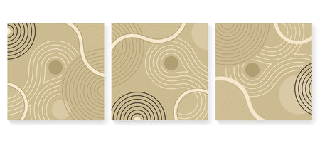 Abstract square backgrounds set in Zen garden japanese decoration - circles of stones and wavy spiralsのイラスト素材