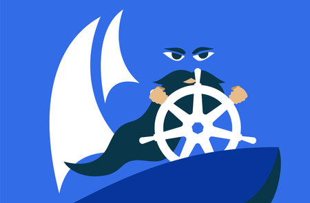 Open-source system for automating computer application management. Developer on boat with steering wheel. Vector illustrationのイラスト素材