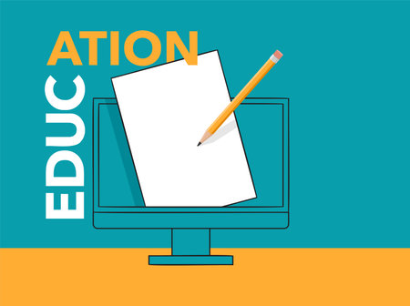 Online education and distance e-learning. Computer display with paper and pencil inside. Remote teaching.のイラスト素材