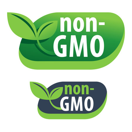 GMO free badge - green eco-friendly label with leaf and text, for genetically unmodified productsのイラスト素材