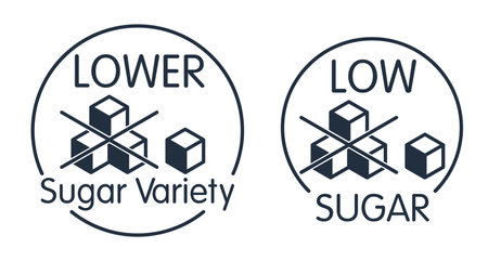 Low Sugar badge for nutrition products with lower sugar variety. Flat label with crossed cubes.のイラスト素材