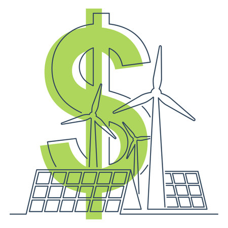 Investment to sustainable energy - future of power generation. Windmills and solar batteries with dollar sign. Vector illustrationのイラスト素材