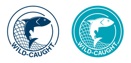Wild-caught flat badge for fish and seafood labeling - with Salmon in fishing net. Vector illustrationのイラスト素材