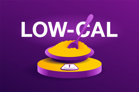 Low cal food, healthy eating banner - low calories diet products. Dish plate on weight scalesのイラスト素材