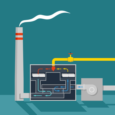 Thermal recuperative oxidizer for air pollution control - used to destroy hazardous air pollutants and volatile organic compounds. Vector scheme for visual aidsのイラスト素材