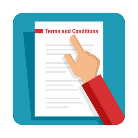 Terms and Conditions square icon. Please read the license agreement - hands holding business paper with check list - human readung contract concept. Vector illustrationのイラスト素材