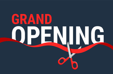 Grand Opening banner - Ribbon cutting ceremony. Scissors, red wavy ribbon and text - vector poster templateのイラスト素材