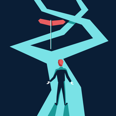 Person Thinking before important choice - crossroads, signpost and character in abstract art style - correct decision choosing. vector illustration for business concept or political votingのイラスト素材