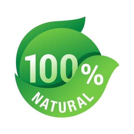 100 percents natural, organic product 3D badge - sticker for hundred percent healthy food, vegetarian nutrition in leaf shapeのイラスト素材