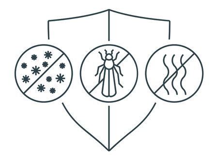 Protection against dust, bugs and odors - icons in thin line with properties of household cleaners or spot removersのイラスト素材