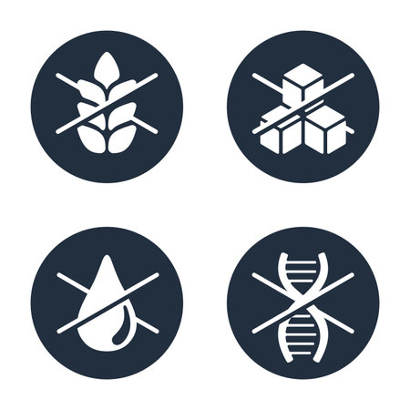 Lactose free, Non-Sugar, Gluten free, non-GMO flat pictograms set of food packaging decoration element for healthy natural organic nutritionのイラスト素材