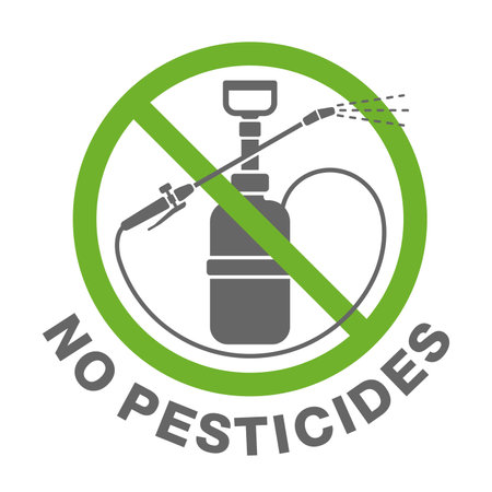 No pesticides prohibit sign - crossed out garden manual sprayer - icon for products composition and labelingのイラスト素材