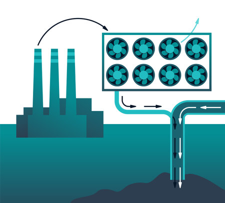 Decarbonization, carbon dioxide capture and storage - using fan and filter that separating atmosphere air into fresh air and pure CO2 mixed with water. Vector illustrationのイラスト素材