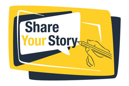 Share Your Story motivational banner - abstract modern shape, hand holds pencil and writes a message - isolated vector concept. Yellow and dark gray colors. Vector illustrationのイラスト素材