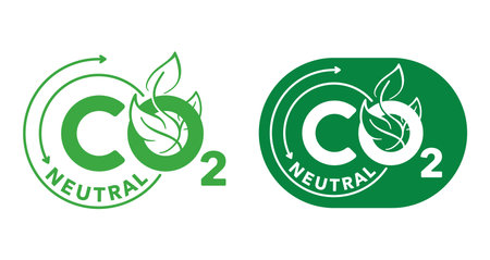 CO2 neutral floral green decorative label, net zero carbon footprint - carbon emissions free no air atmosphere pollution industrial production eco-friendly isolated signのイラスト素材