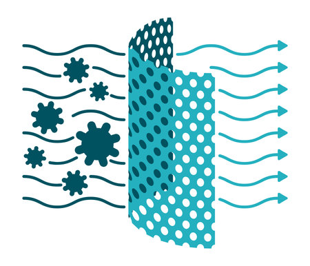 Antibacterial and breathable membrane icon for materials - face mask or folter of home ionizer, air cleaner - airflow passes through sanitizer membrane. Vector illustrationのイラスト素材