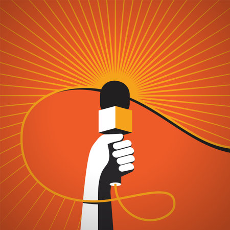 Freedom of speech poster- hand rising up microphone of journalist. Decorative catchy banner for anti-censorshipのイラスト素材