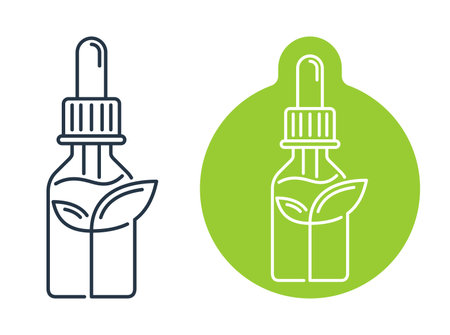 Essential Oil icon - flacon with natural aromatic liquid. Flat emblem in thin line decorationのイラスト素材