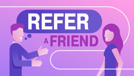 Refer a friend. Referral program promo banner - decorative frame bubble for slogan and two interested people - vector purple posterのイラスト素材