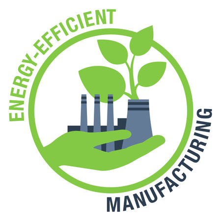 Energy efficient manufacturing concept - Eco-Friendly industrial plant in Hand. Isolated vector emblemのイラスト素材